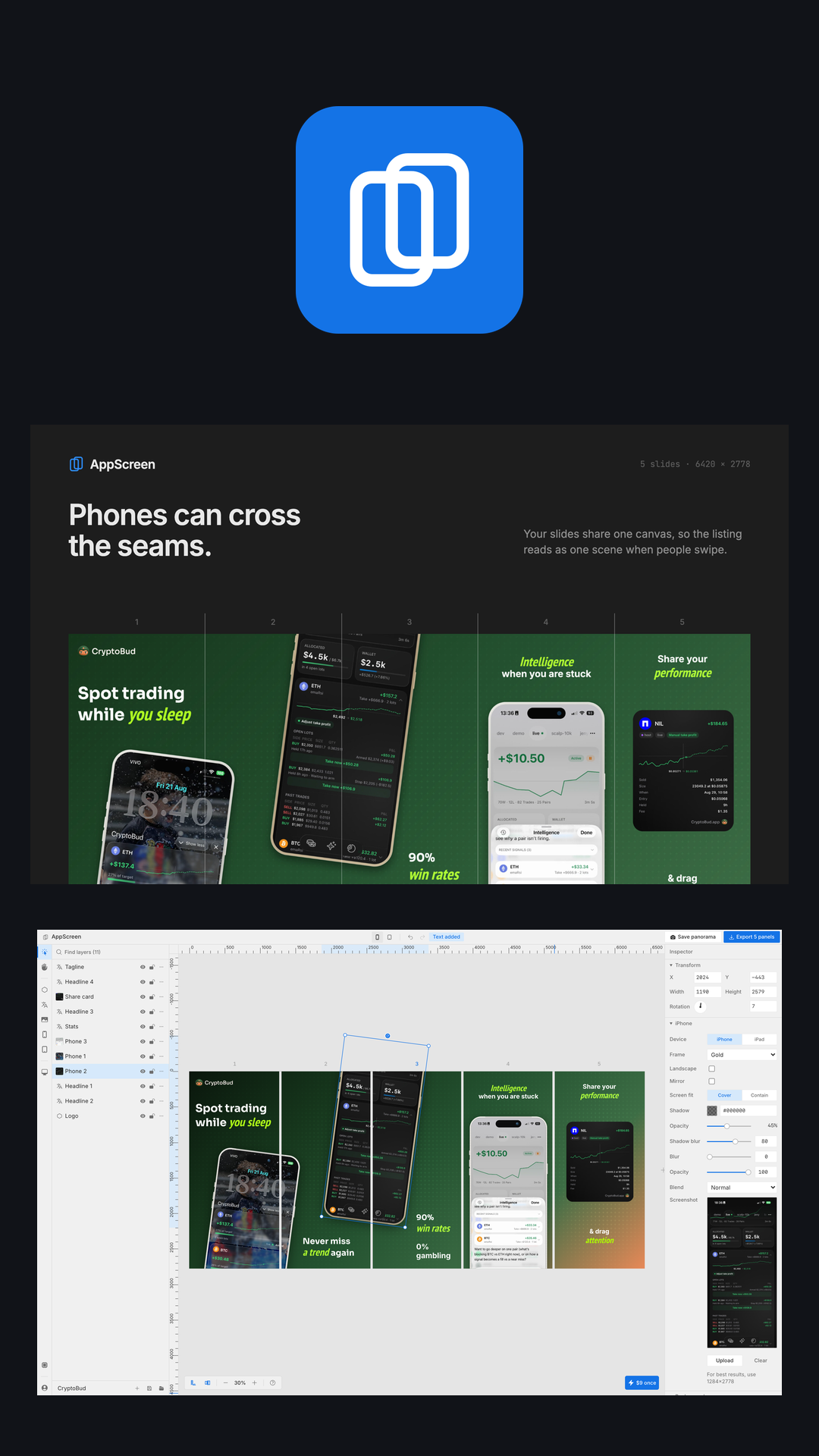 AppScreen icon above a five-slide App Store panorama and the editor showing phone frames placed across slide boundaries