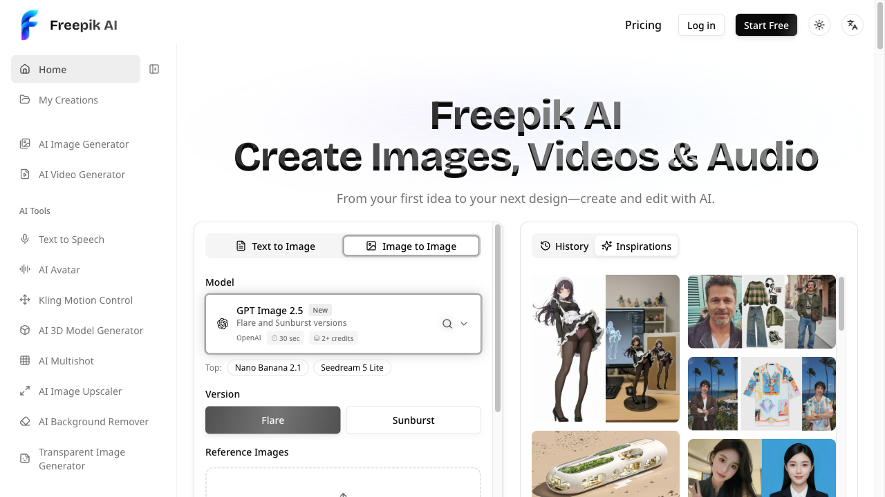 Freepik AI web workspace showing creative image and video tools and the main navigation.