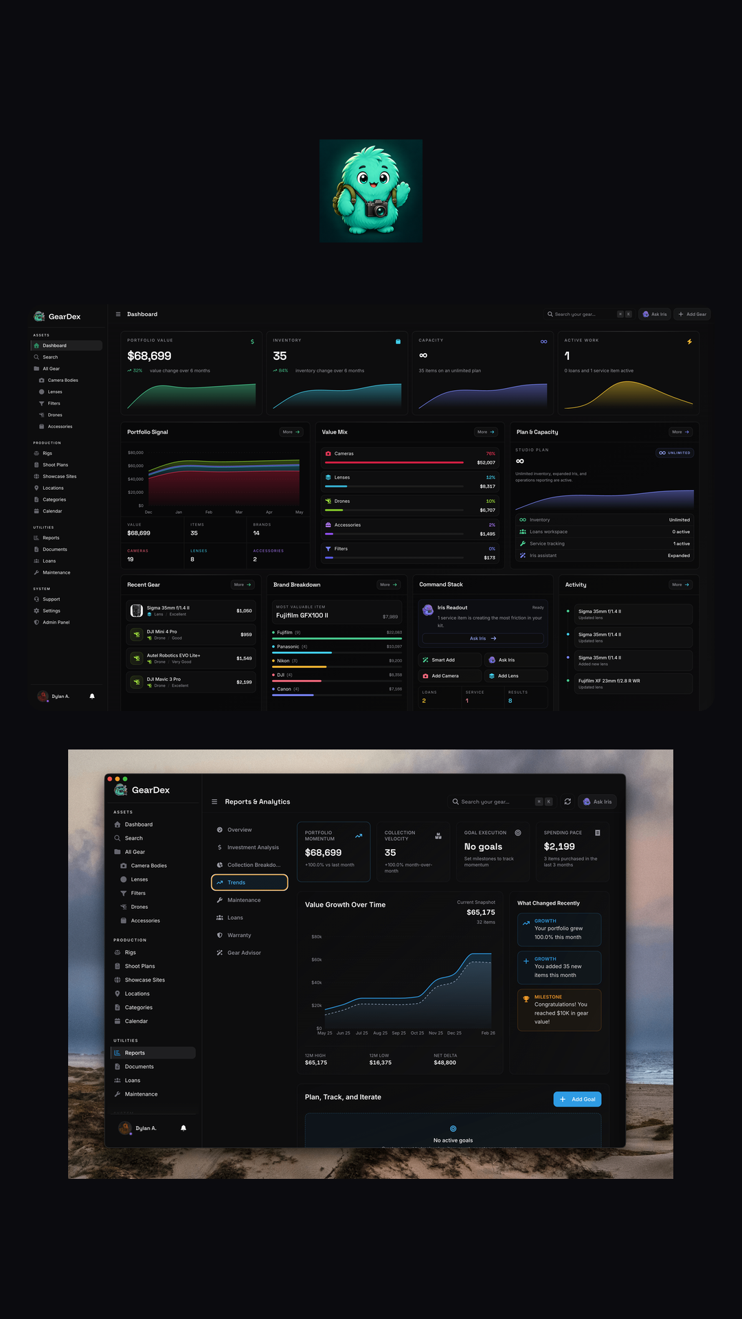GearDex screens: the gear library with item details, the loans list, the dashboard with portfolio value, and the Mac app's value trend report.