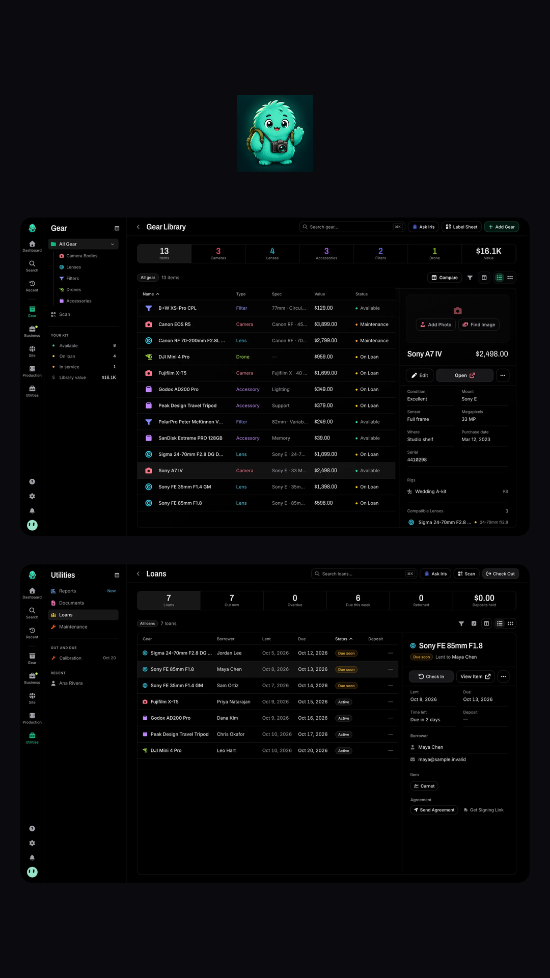GearDex screens: the gear library with item details, the loans list, the dashboard with portfolio value, and the Mac app's value trend report.