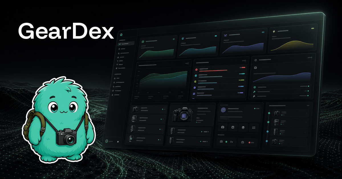 GearDex screens: the gear library with item details, the loans list, the dashboard with portfolio value, and the Mac app's value trend report.