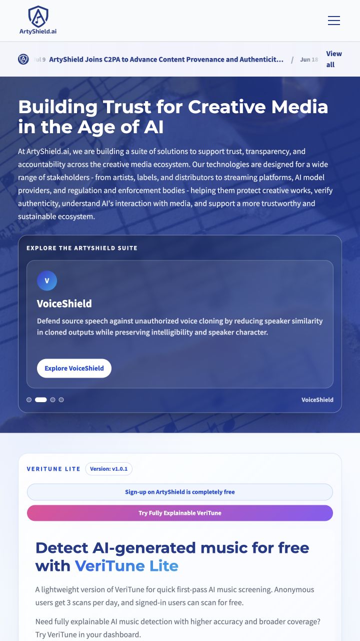 AI-generated ArtyShield brand illustration representing creative audio protection and explainable authenticity analysis, followed by real website screenshots of the homepage, MusicShield and a VeriTune explanation example.