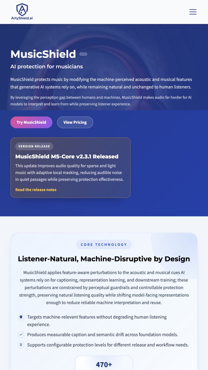 AI-generated ArtyShield brand illustration representing creative audio protection and explainable authenticity analysis, followed by real website screenshots of the homepage, MusicShield and a VeriTune explanation example.