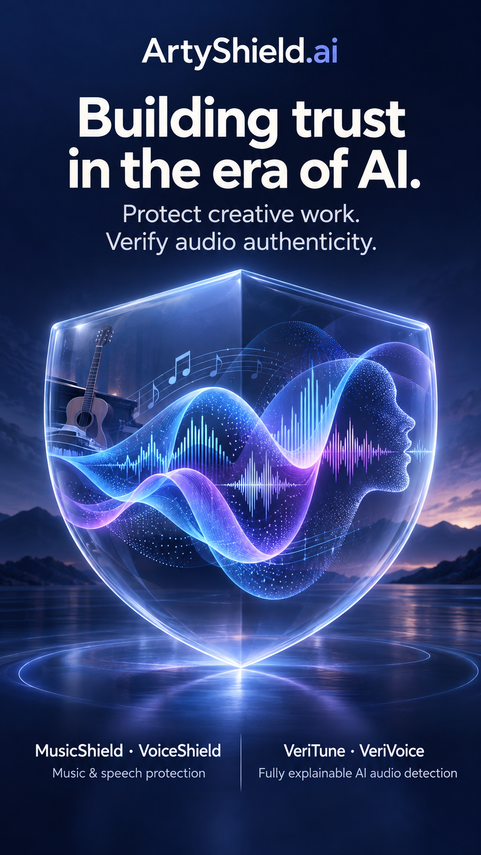 AI-generated ArtyShield brand illustration representing creative audio protection and explainable authenticity analysis, followed by real website screenshots of the homepage, MusicShield and a VeriTune explanation example.